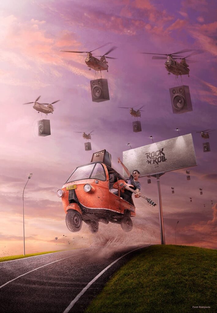 Orange three-wheeled car lifting off a road by helicopters carrying oversized speakers, guitarist on board, with a 'ROCK N ROLL' billboard under a pink sunset.