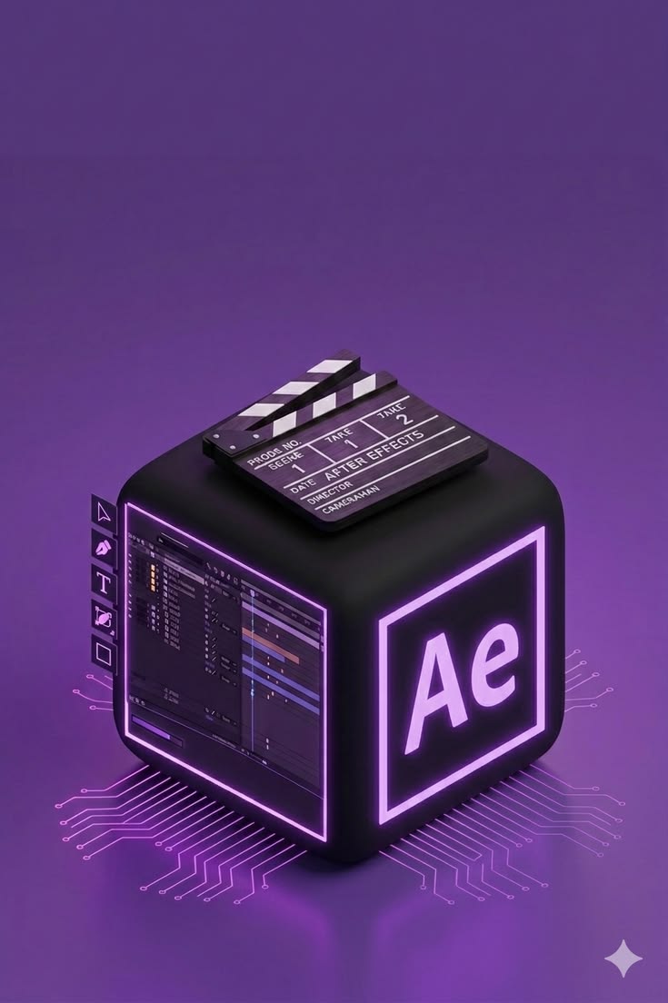 Purple cube with an illuminated 'Ae' logo and Neon circuitry, top clapperboard, representing Adobe After Effects and video editing.