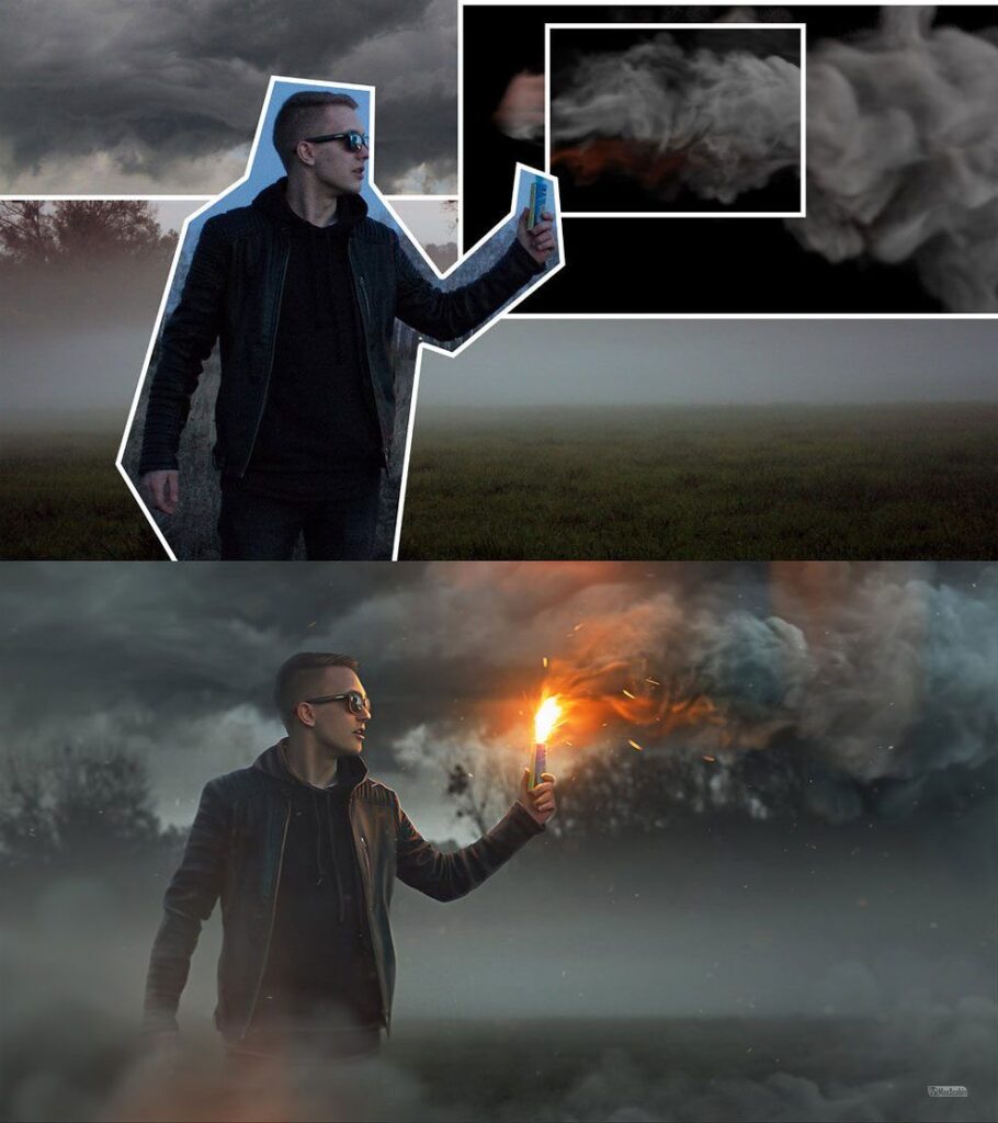 Man in a dark jacket and sunglasses holds a lit flare in a smoky, stormy field.