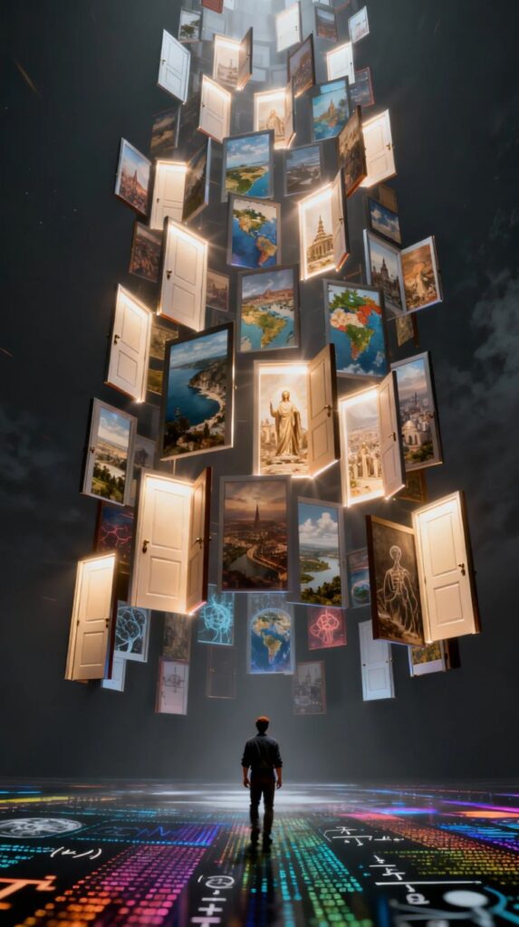 A person stands on a glowing, multi-colored floor as doors and framed images soar upward, suggesting endless worlds and possibilities beyond reach or imagination.