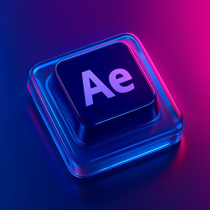 Glossy 3D tile with the letters 'Ae' (After Effects) on a dark blue square, lit with blue and pink neon lighting.