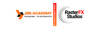 Logo collage featuring JBK ACADEMY (Training | Placements), a vertical orange stripe reading 'Impact with', and the RasterFX Studios logo with a dotted circular motif.