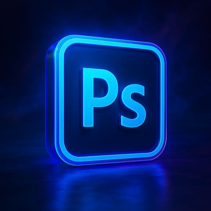 Neon blue 3D Photoshop logo icon with the letters 'Ps' inside a rounded square on a dark background.