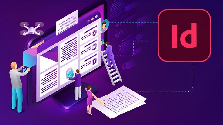 Illustration of a team collaborating on a large computer screen with layout panels, editing content around a purple workspace and the InDesign app icon, suggesting a design or layout project in progress.