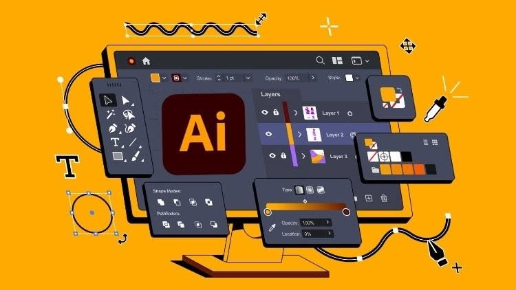 Illustration of a computer monitor showing an Adobe Illustrator workspace with layers and tool palettes on an orange background.