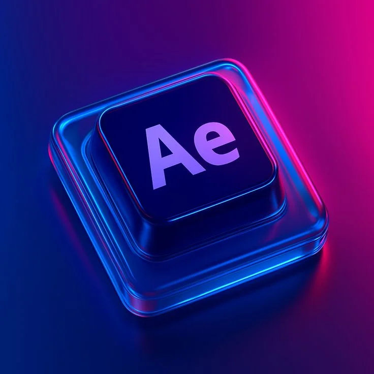 3D glossy icon with 'Ae' letters, representing Adobe After Effects, on a blue-to-pink gradient background.