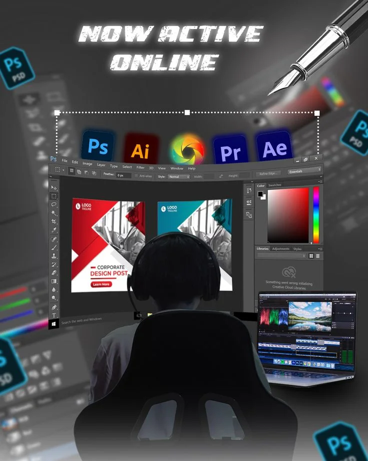 A person wearing headphones sits at a desk, working on a large monitor with design software and colored posters, under the caption 'NOW ACTIVE ONLINE'.