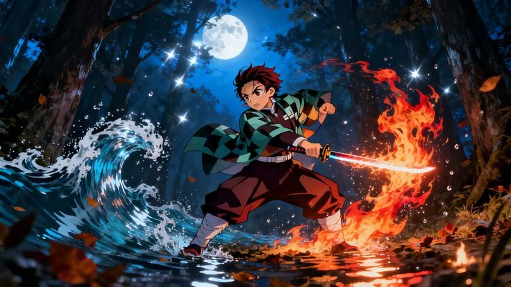 Tanjiro from Demon Slayer wields a flaming sword in a moonlit forest, flames and water colliding around him.