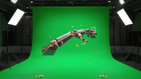 Robotic arm prop extending over a green screen studio backdrop for visual effects.