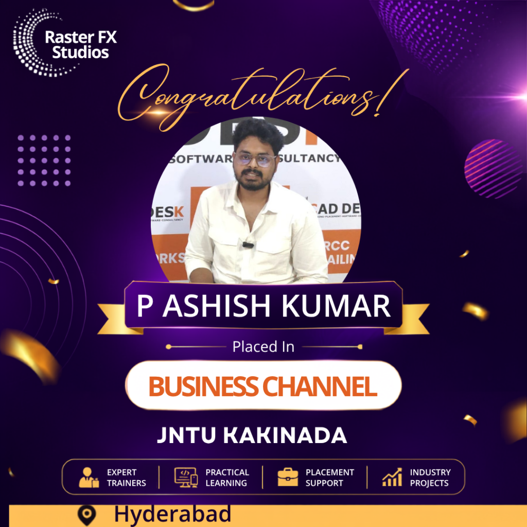 Congratulatory poster with a circular photo of P Ashish Kumar, announcing his placement in the Business Channel at JNTU Kakinada, Hyderabad, from Raster FX Studios.