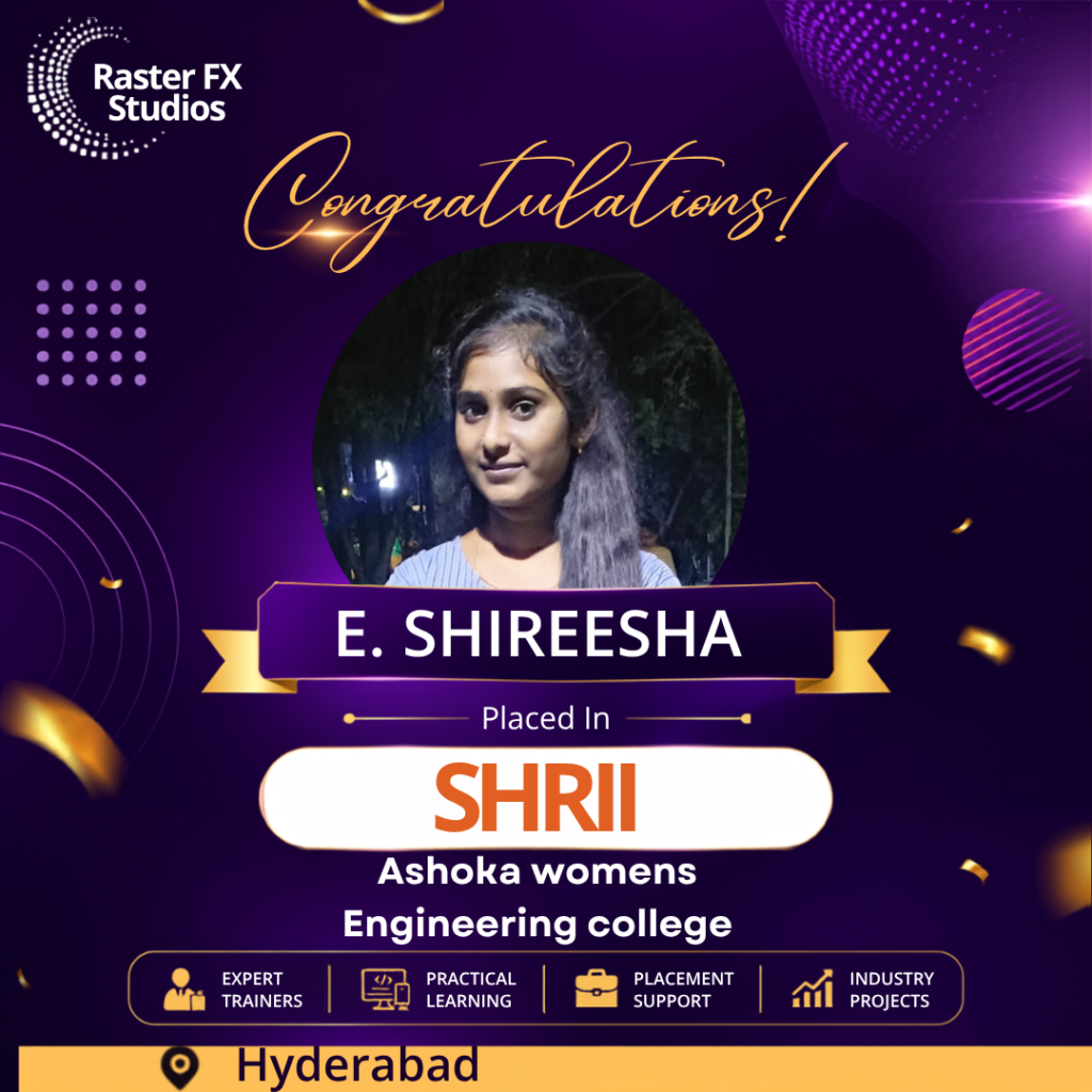 Congratulatory poster for E. Shireesha; portrait in circle, banner reads 'Placed in SHRI', Hyderabad.