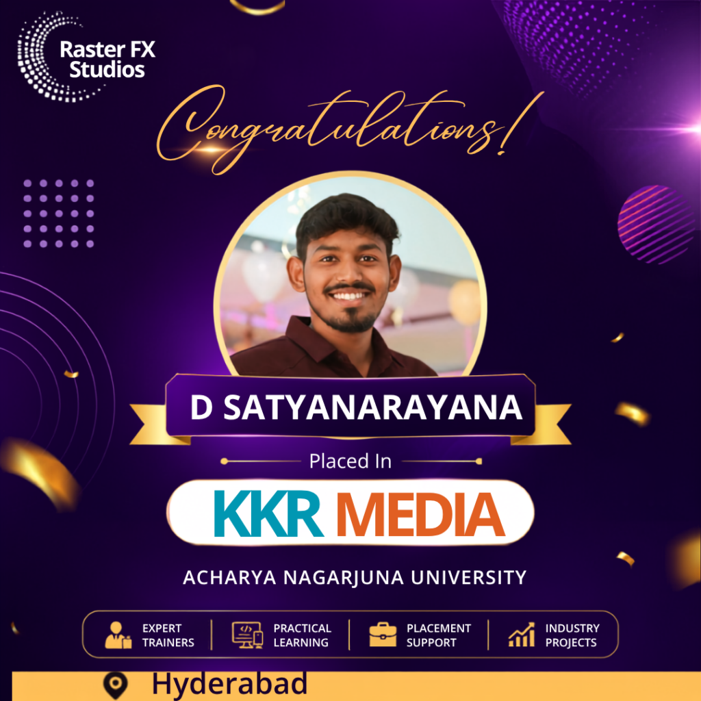 Congratulatory poster featuring a portrait of D Satyanarayana, announcing placement at KKR Media, Acharya Nagarjuna University, Hyderabad.