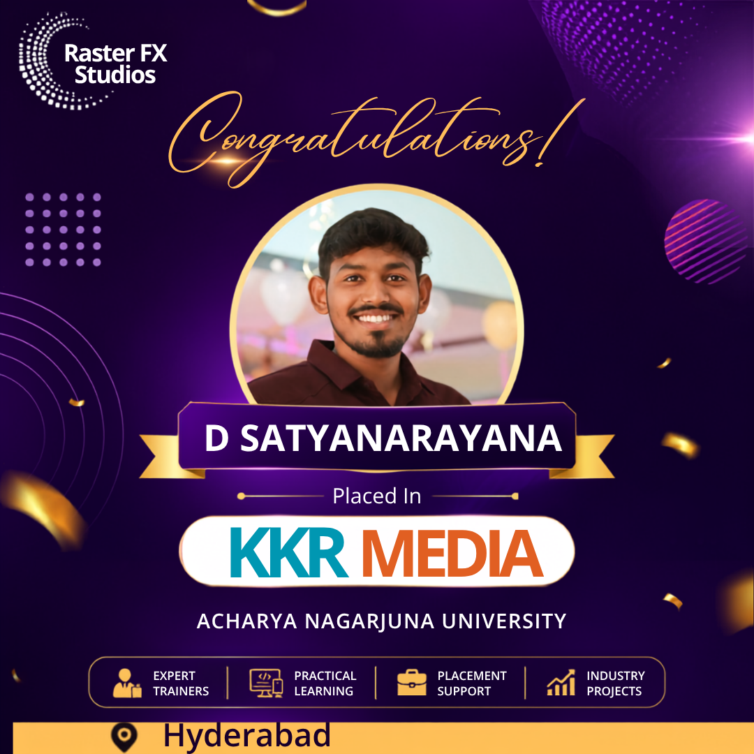 Congratulatory poster featuring a portrait of D Satyanarayana, announcing placement at KKR Media, Acharya Nagarjuna University, Hyderabad.