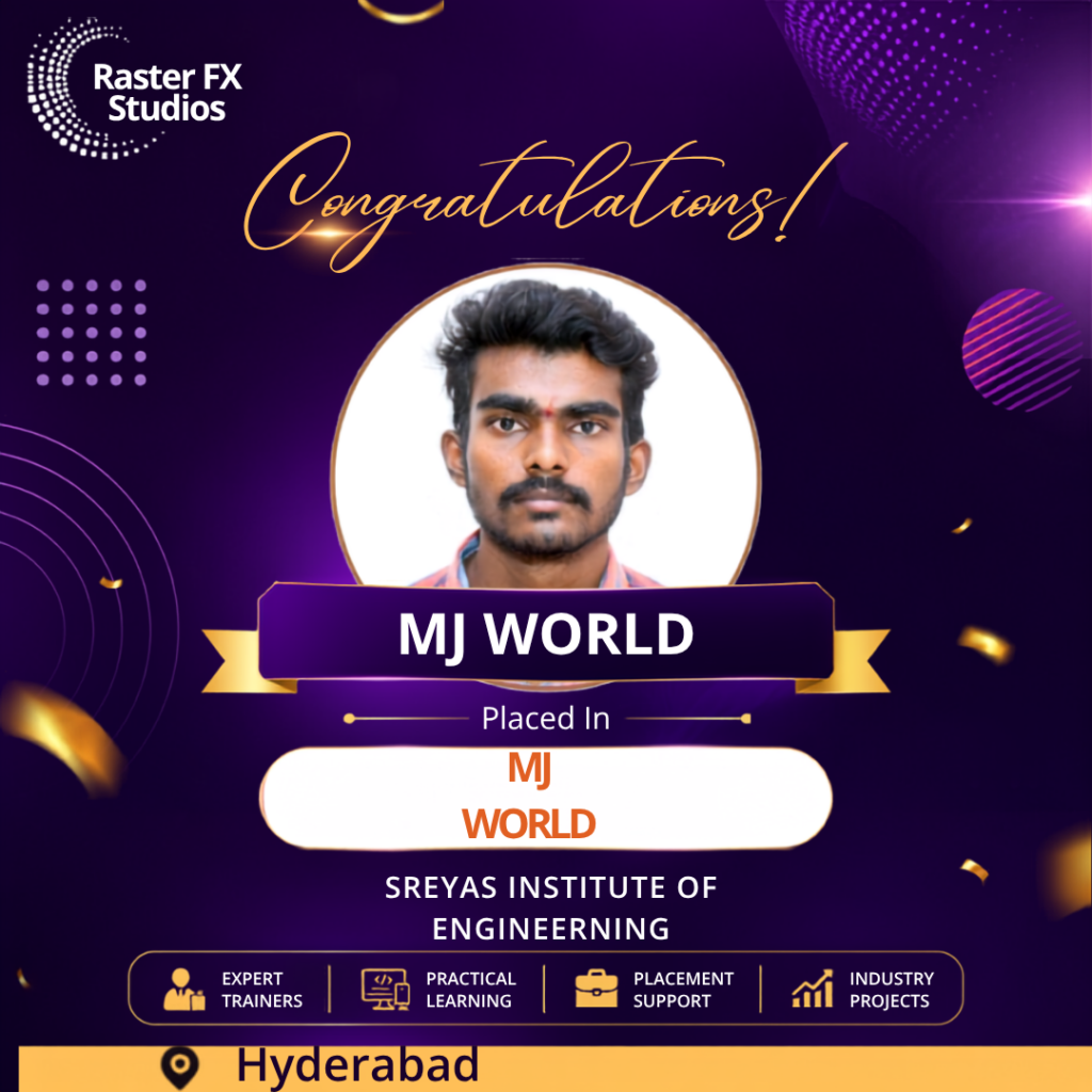 Congratulatory poster featuring a circular portrait labeled 'MJ WORLD' for placement at Sreyas Institute of Engineering, Hyderabad, on a purple-gold banner.