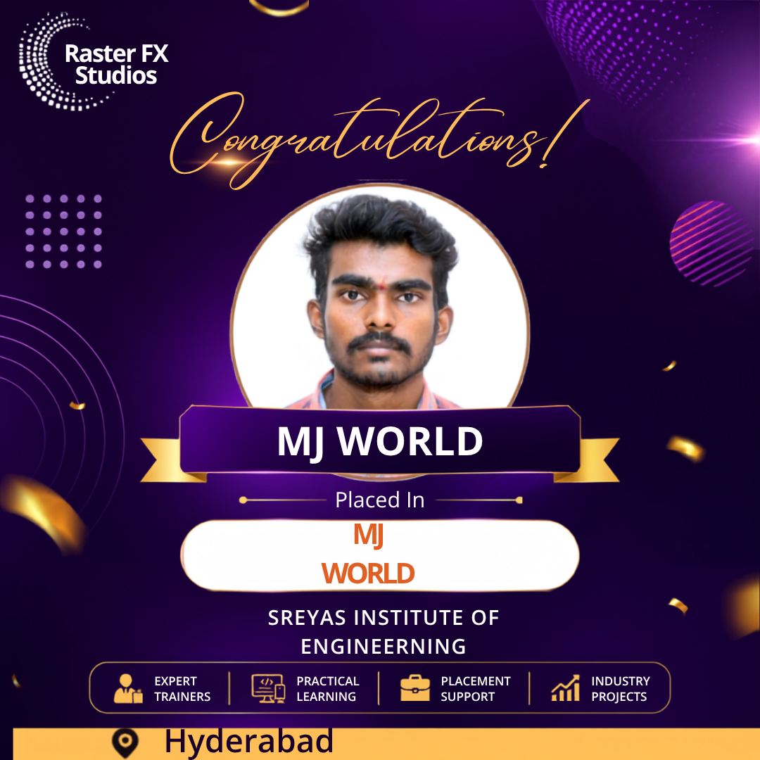 Congratulatory poster featuring a circular portrait labeled 'MJ WORLD' for placement at Sreyas Institute of Engineering, Hyderabad, on a purple-gold banner.