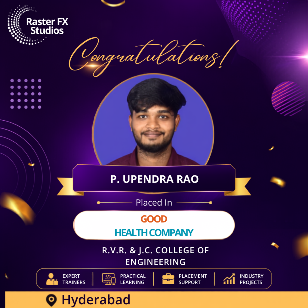 Poster congratulating P. Upendra Rao with portrait, banner reading 'Placed In Good Health Company' and Hyderabad location.