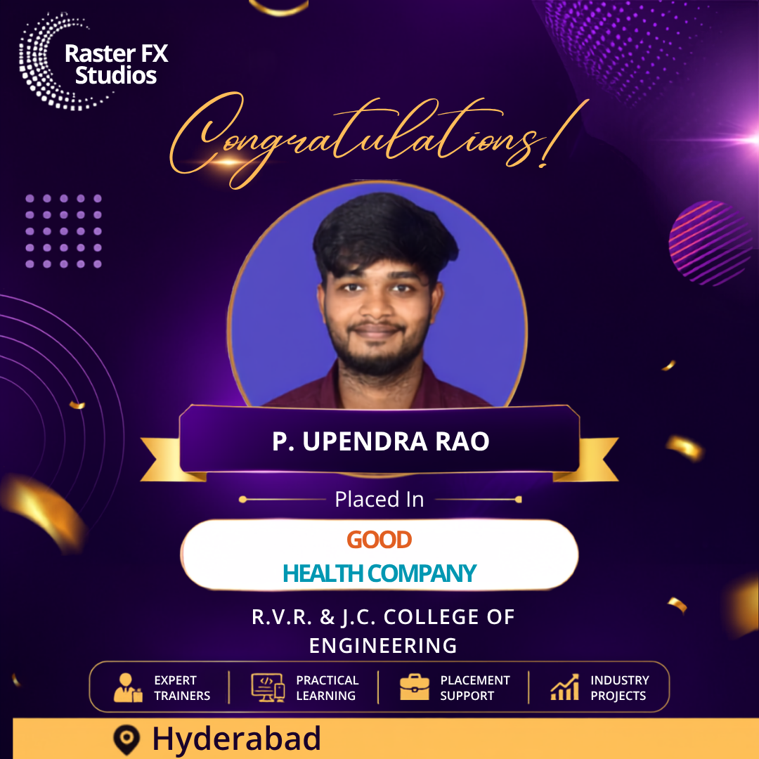 Poster congratulating P. Upendra Rao with portrait, banner reading 'Placed In Good Health Company' and Hyderabad location.