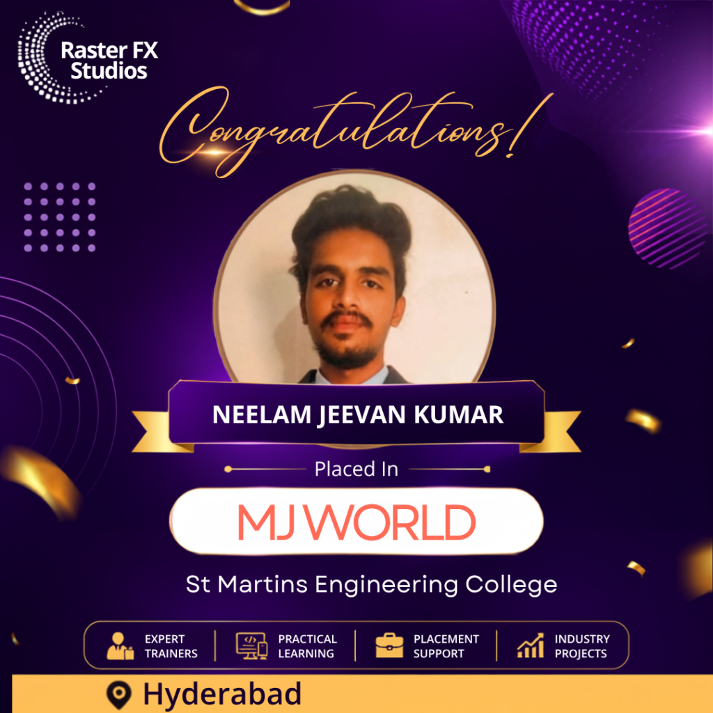Congratulatory poster featuring Neelam Jeevan Kumar's photo; placed at MJ World, Hyderabad (St Martins Engg College)