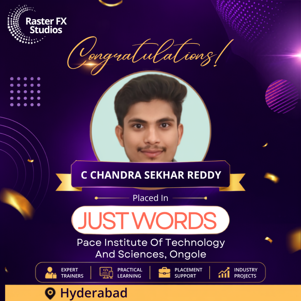 Congratulatory poster featuring a headshot of C Chandra Sekhar Reddy, with the banner 'JUST WORDS' and the line 'Pace Institute Of Technology And Sciences, Ongole' on a purple-gold background, including the Raster FX Studios logo and Hyderabad label.