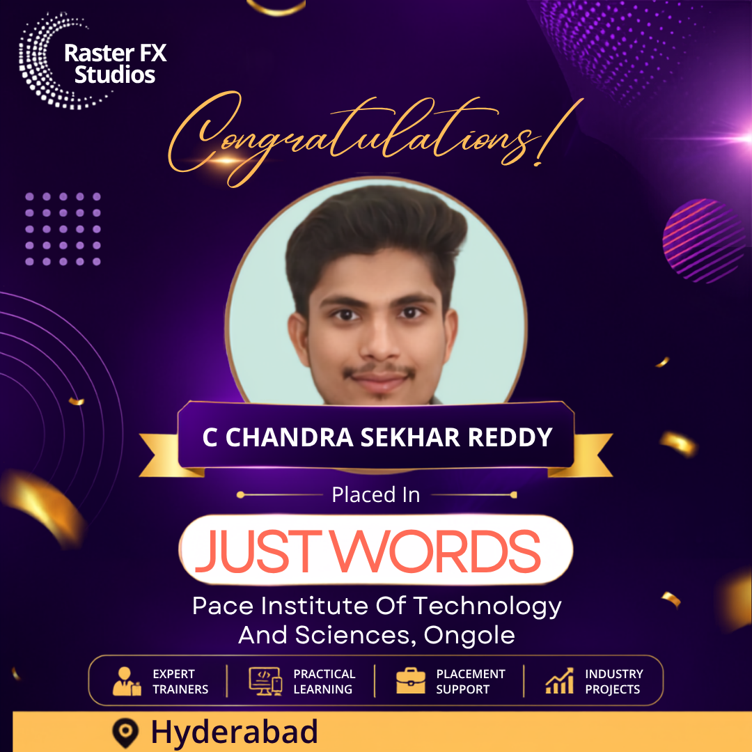 Congratulatory poster featuring a headshot of C Chandra Sekhar Reddy, with the banner 'JUST WORDS' and the line 'Pace Institute Of Technology And Sciences, Ongole' on a purple-gold background, including the Raster FX Studios logo and Hyderabad label.