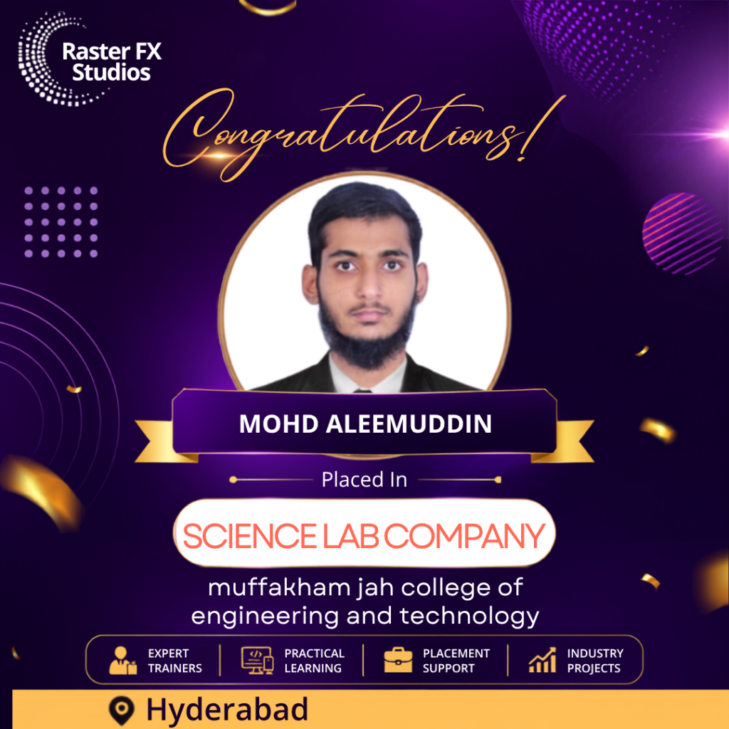 Celebration poster announcing Mohd Aleemuddin’s placement at Science Lab Company in Hyderabad, with his photo and a 'Congratulations' banner.