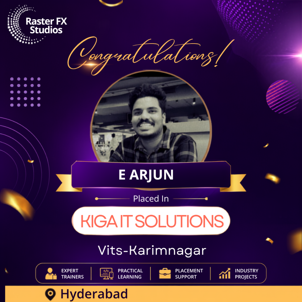 Congratulatory poster featuring a portrait in a gold circle with the name E Arjun, announcing placement at Kigait Solutions in Hyderabad.