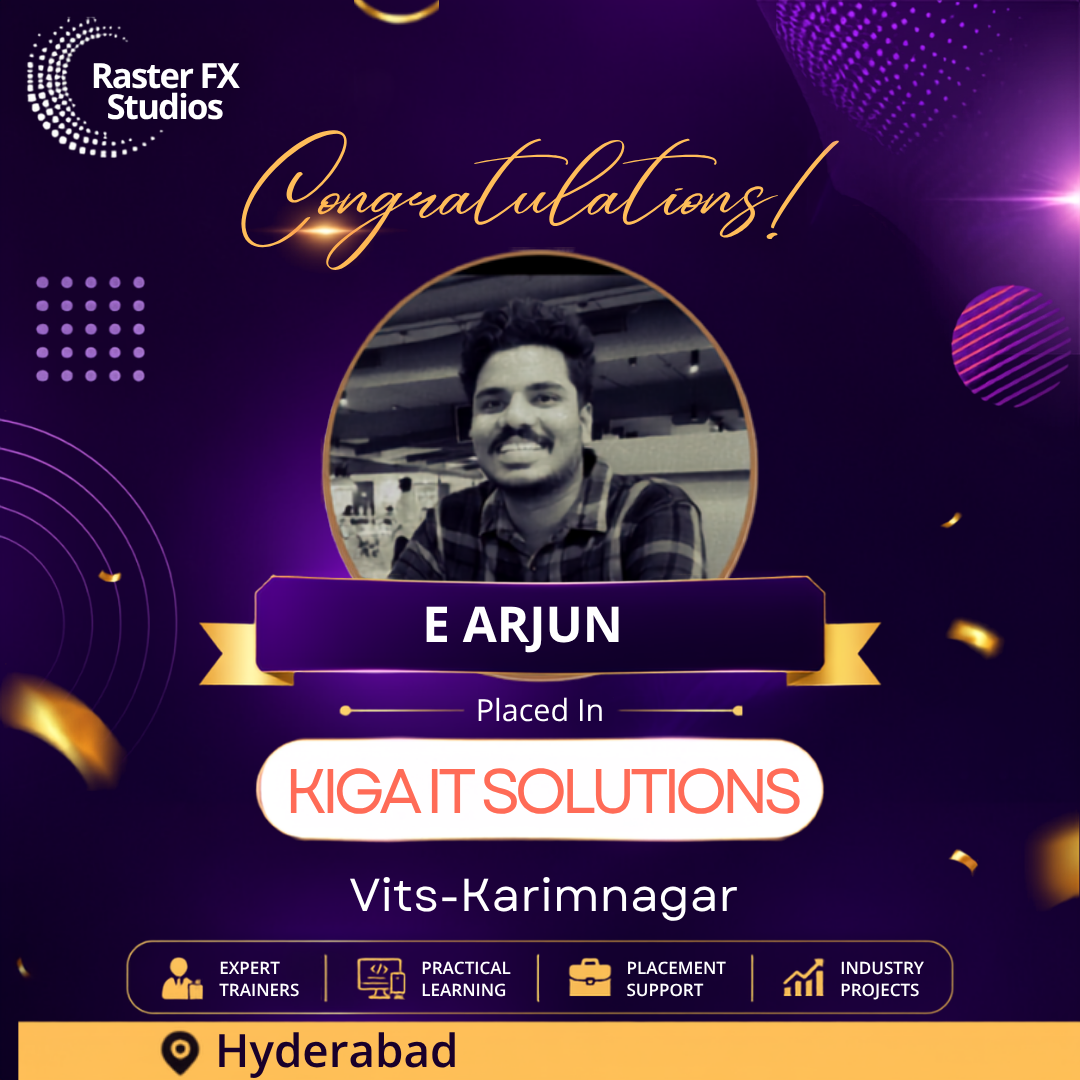 Congratulatory poster featuring a portrait in a gold circle with the name E Arjun, announcing placement at Kigait Solutions in Hyderabad.