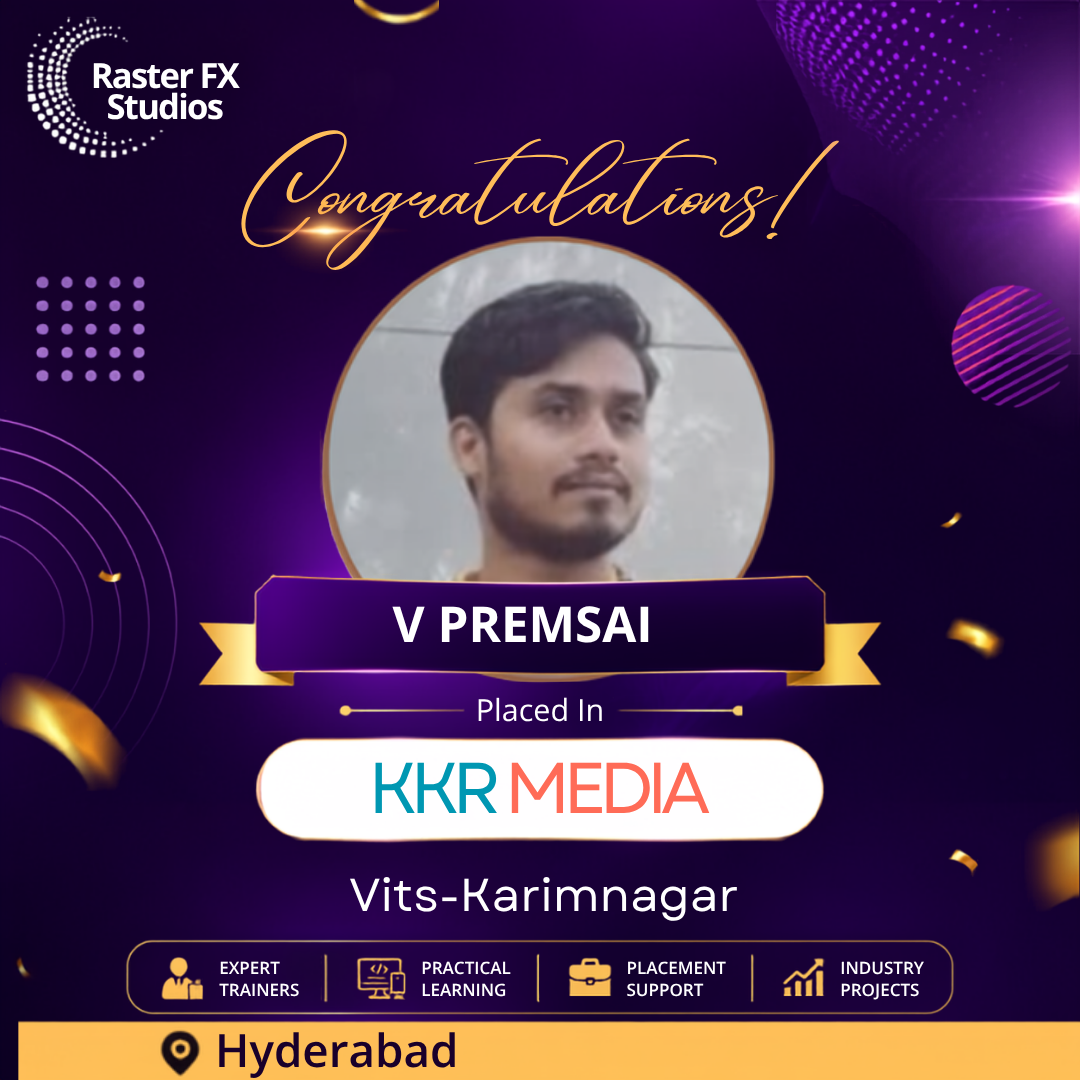 Congratulatory poster featuring a circular portrait of V PremSai, announcing placement at KKR Media in Hyderabad.