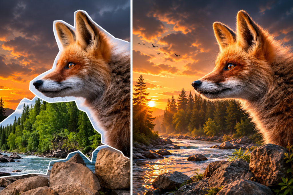 Two-panel collage: left panel shows a fox silhouette cut from a forest river scene with a white outline; right panel shows the same fox beside a sunset river with rocks and trees.