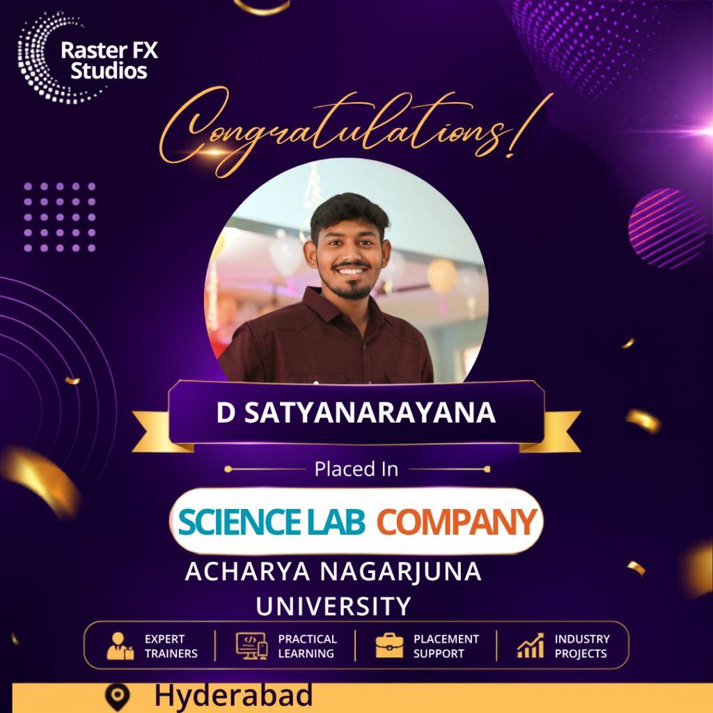 Congratulatory poster for D Satyanarayana celebrating placement at Science Lab Company, Acharya Nagarjuna University, Hyderabad.