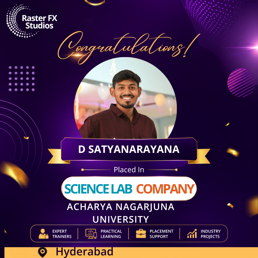 Congratulatory poster for D Satyanarayana celebrating placement at Science Lab Company, Acharya Nagarjuna University, Hyderabad.