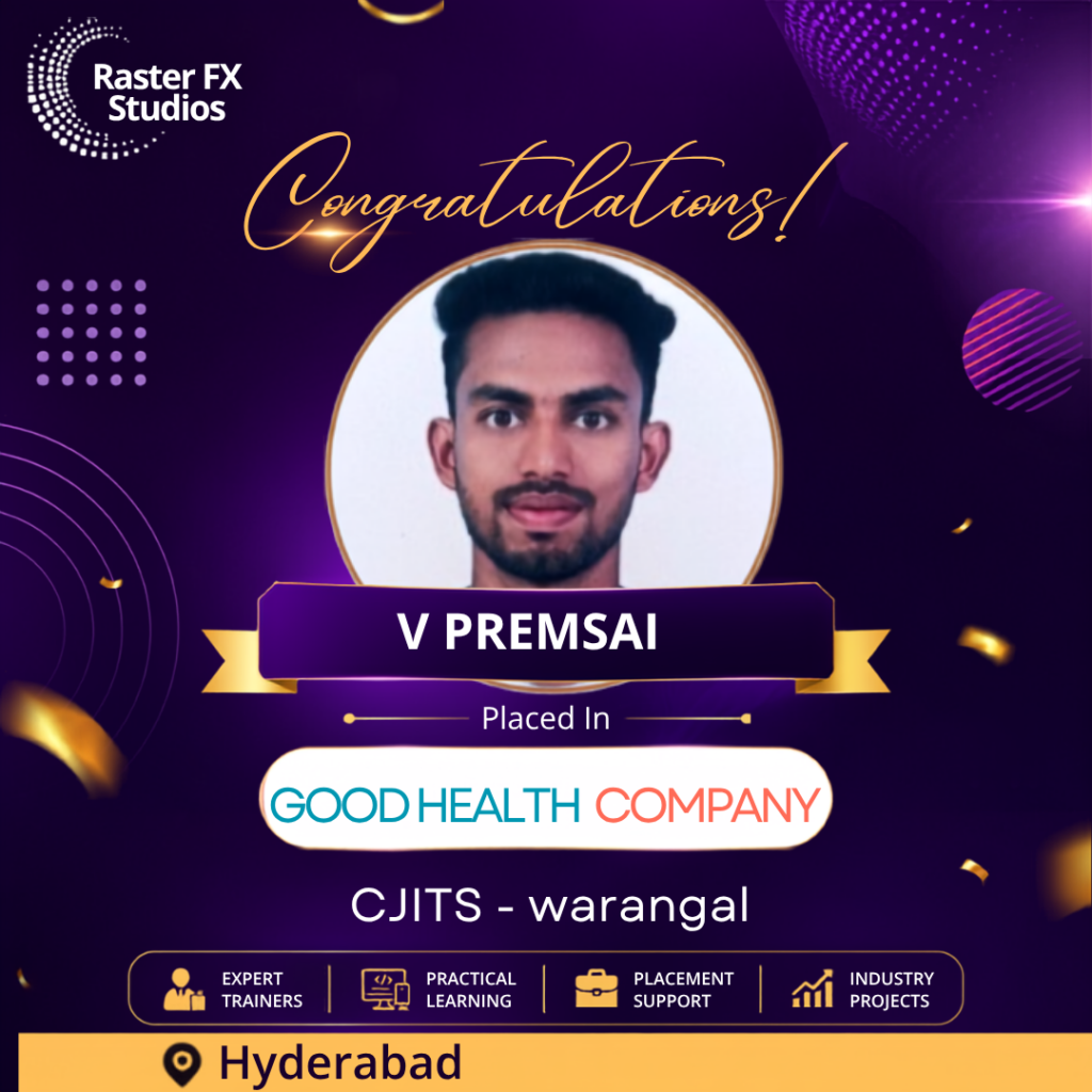 Congratulatory banner with a man's portrait, badge reading 'V PREMSAI' and 'Placed In Good HEALTH COMPANY' (CJTS - Warangal, Hyderabad) on a purple decorative background.