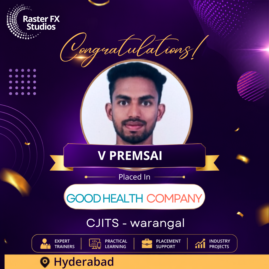 Congratulatory banner with a man's portrait, badge reading 'V PREMSAI' and 'Placed In Good HEALTH COMPANY' (CJTS - Warangal, Hyderabad) on a purple decorative background.
