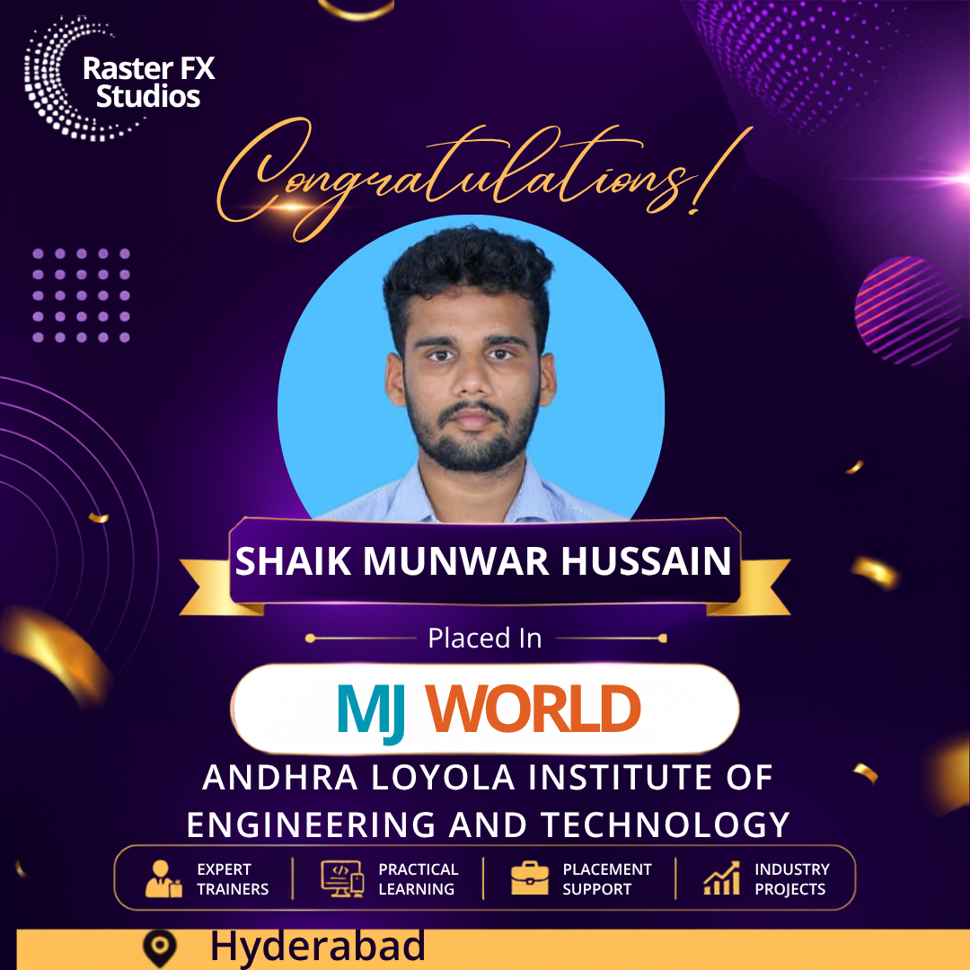 Poster celebrating Shaik Munwar Hussain's placement at MJ World, with Andhra Loyola Institute of Engineering and Technology, Hyderabad (Raster FX Studios branding).