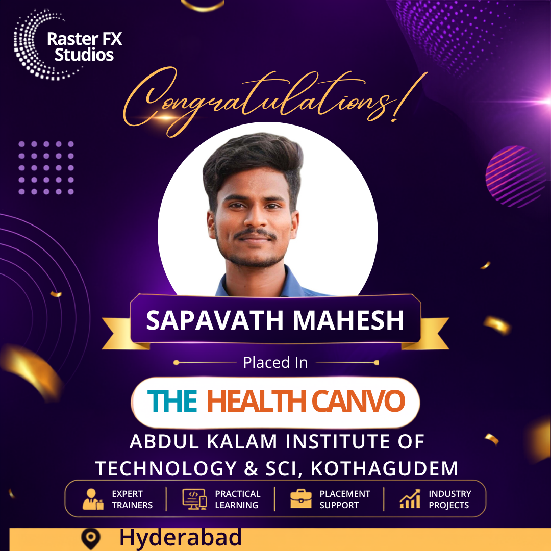 Poster announcing Sapavath Mahesh placed in The Health Canvo at Abdul Kalam Institute of Technology & SCI, Kothagudem, Hyderabad; features a circular portrait, purple-gold theme, and congratulatory script.