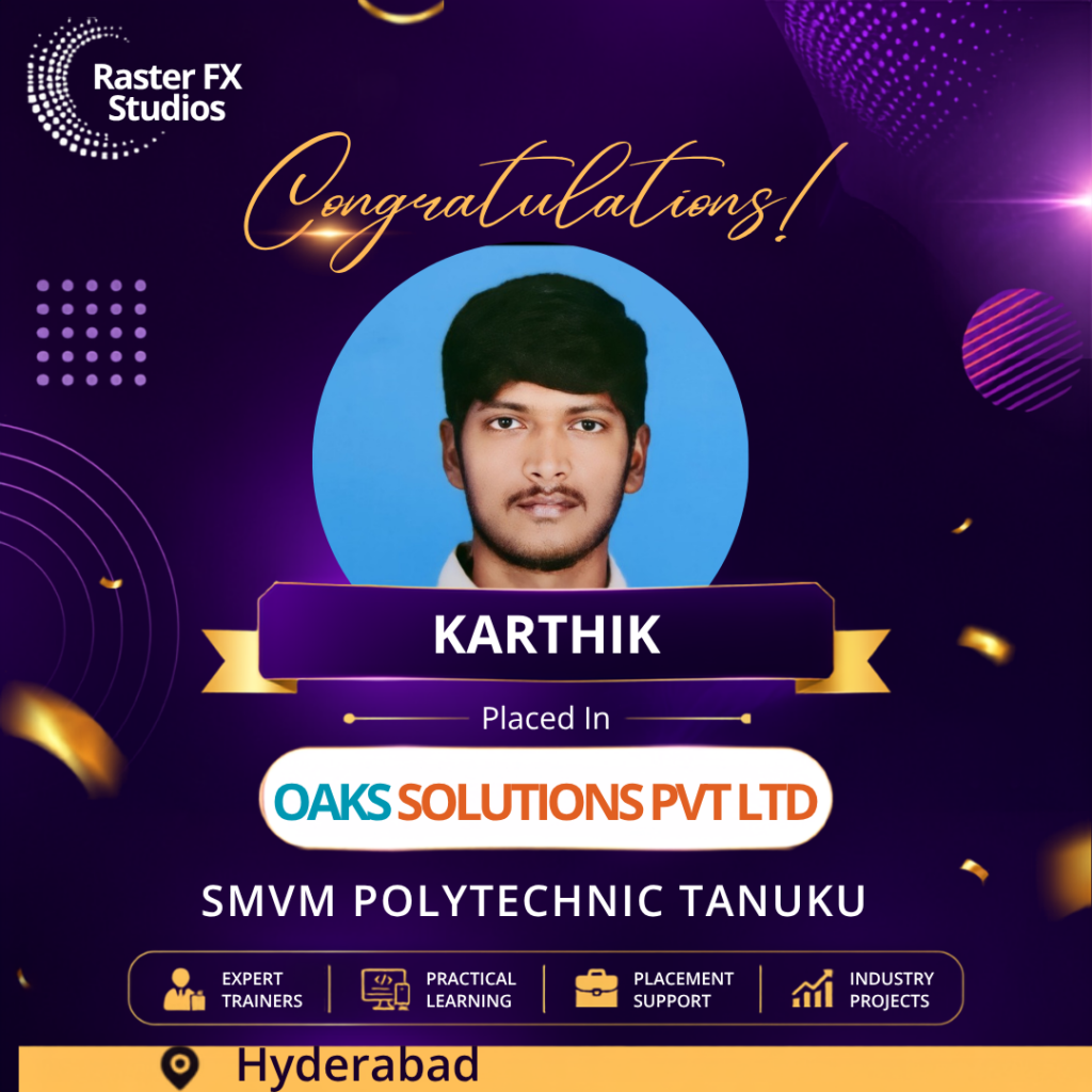 Congratulatory poster with Karthik’s headshot on a festive banner announcing placement at Oaks Solutions Pvt Ltd, Hyderabad