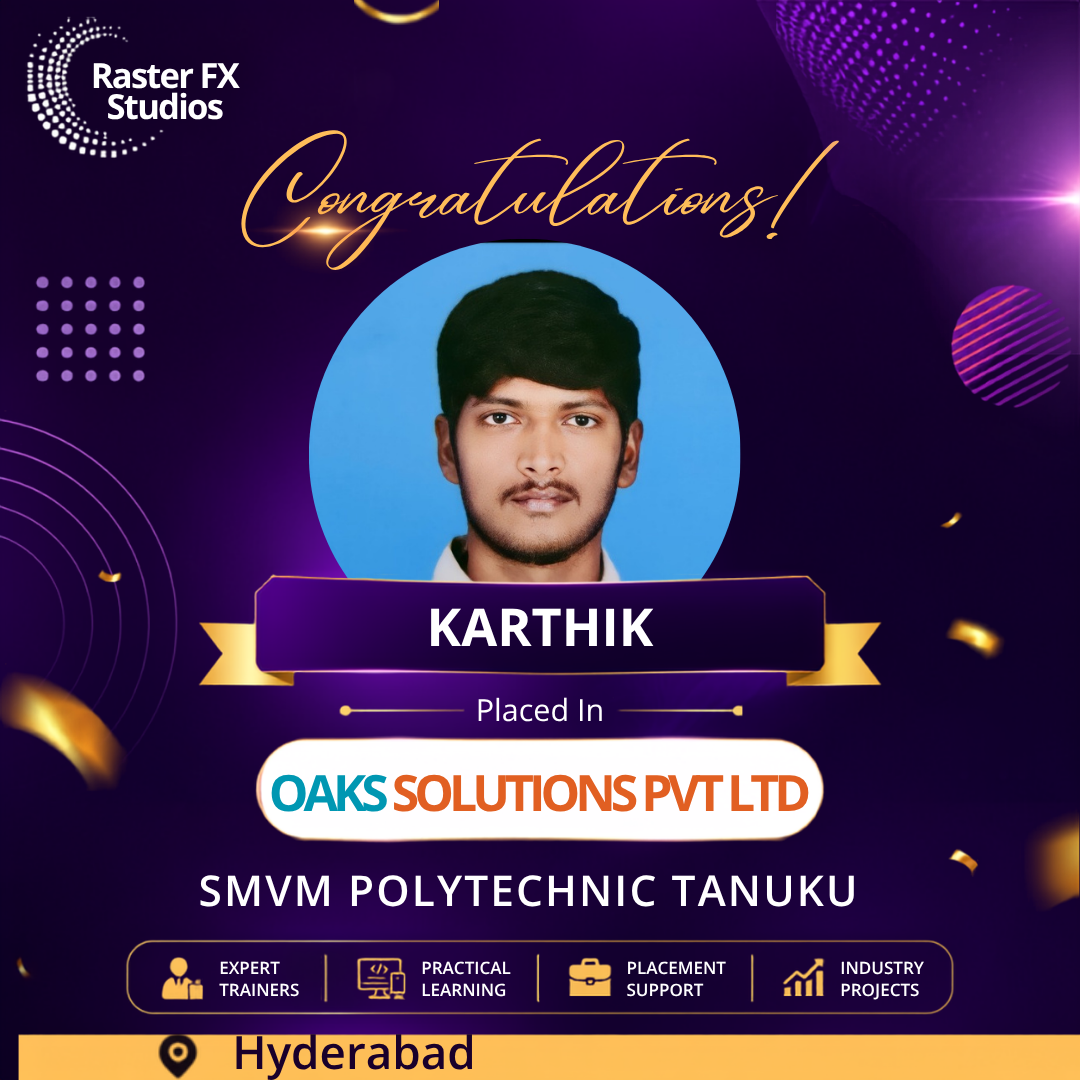 Congratulatory poster with Karthik’s headshot on a festive banner announcing placement at Oaks Solutions Pvt Ltd, Hyderabad