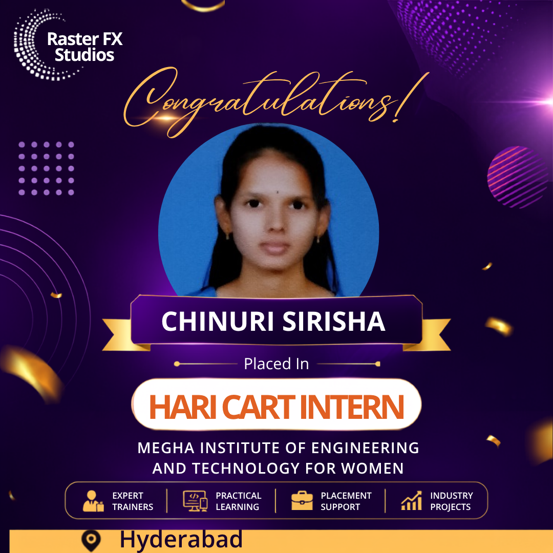 Poster announcing Chinuri Sirisha's placement as Hari Cart Intern at Megha Institute of Engineering and Technology for Women, Hyderabad, with a portrait photo in a purple-gold design.