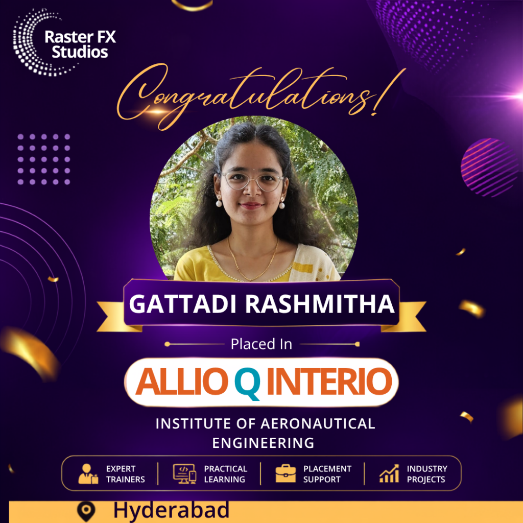 Celebration poster featuring a circular photo of Gattadi Rashmitha with a 'Congratulations' header and placement text at ALLIQ Q INTERIO, Hyderabad, India.