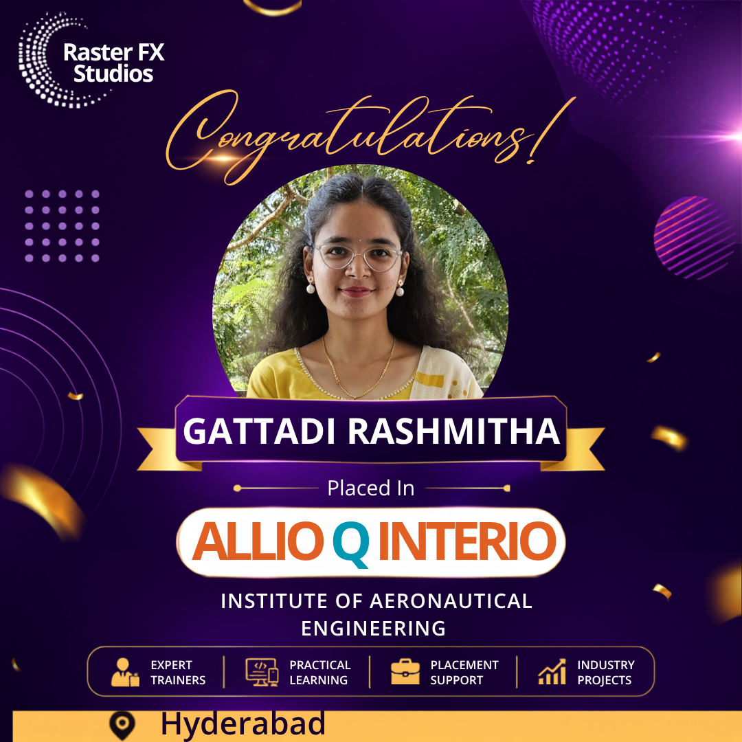 Celebration poster featuring a circular photo of Gattadi Rashmitha with a 'Congratulations' header and placement text at ALLIQ Q INTERIO, Hyderabad, India.