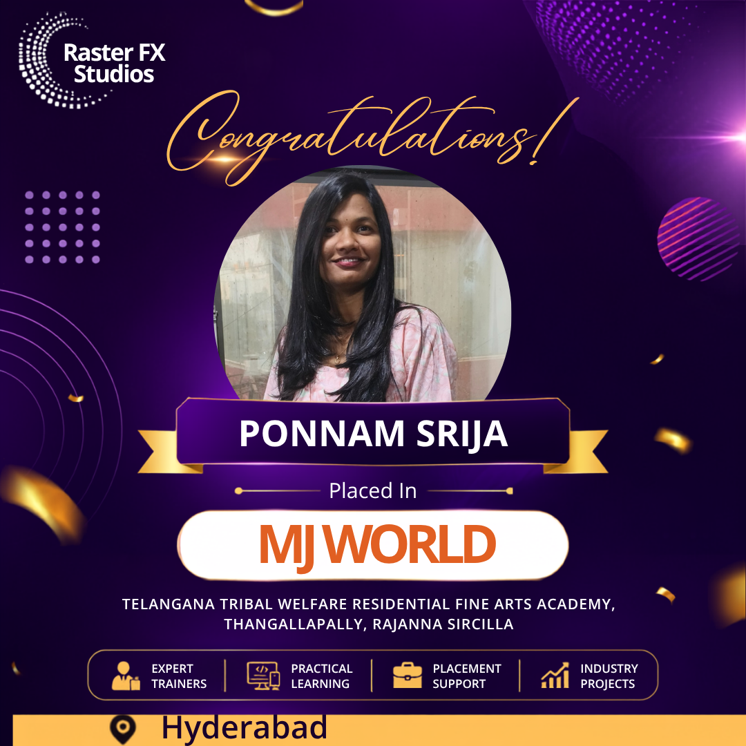Congratulatory poster for Ponnam Srija placed in MJ World, featuring her portrait and purple-gold design elements.
