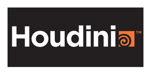Houdini logo: white 'Houdini' text on a black rectangle with an orange spiral icon.