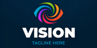 Vision logo: multicolored circular swirl above the white VISION text on a dark blue background, with TAGLINE HERE beneath.