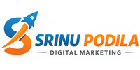 Logo for SRINU PODILA Digital Marketing featuring a blue-and-orange rocket-like emblem and bold text showing the company name.