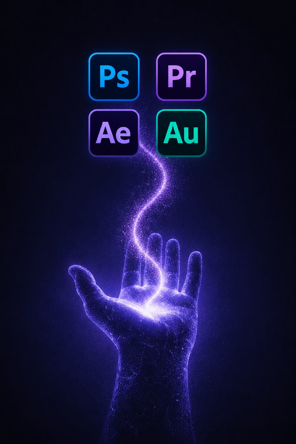 Neon hand releasing energy toward four glowing Adobe app icons: Ps, Pr, Ae, and Au, representing Creative Cloud tools.