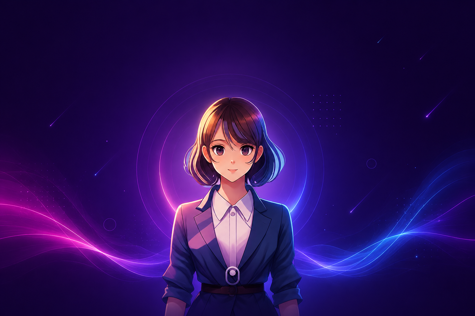 Anime-style young woman in a navy blazer and white shirt stands against a neon purple-blue background with glowing rings and light trails.