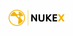 NUKEX logo: yellow emblem with a stylized person inside a circle, a vertical divider, and the word NUKEX with the X in orange/yellow.