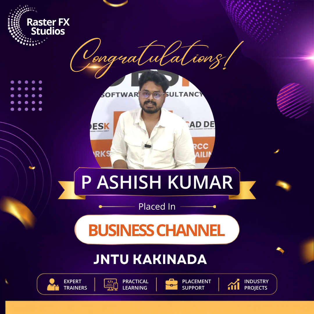 Celebration poster featuring a man’s portrait, announcing P Ashish Kumar’s placement in JNTU Kakinada Business Channel at Raster FX Studios