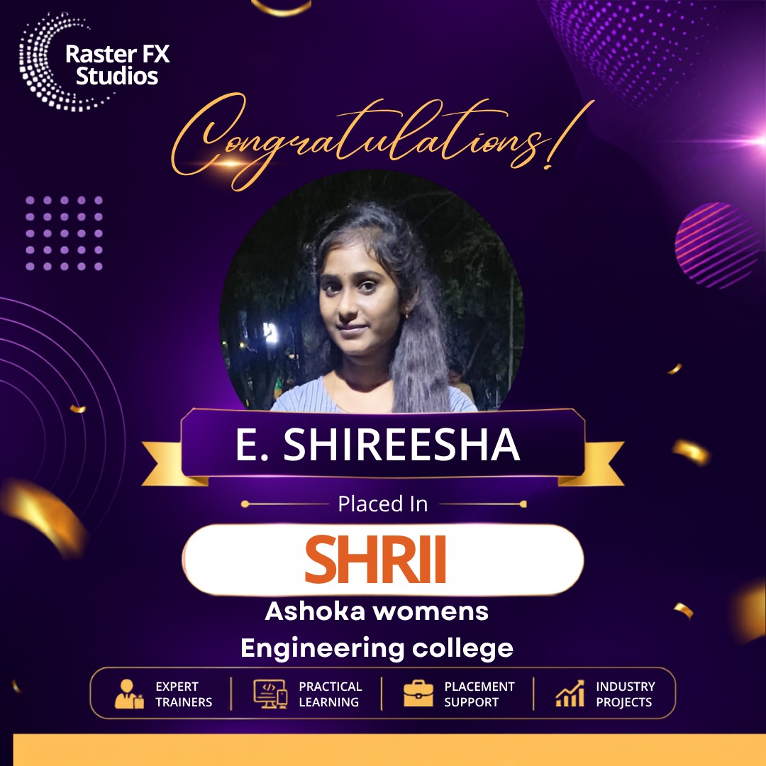 Celebration poster featuring E. Shireesha’s photo with a banner reading 'Placed In SHRI' and 'Ashoka women’s Engineering college'