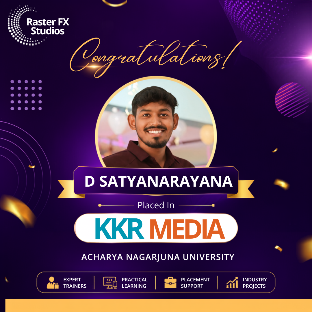 Congratulatory poster announcing D Satyanarayana's placement at KKR Media, Acharya Nagarjuna University, with a portrait photo.